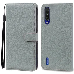 Luxury Leather Wallet Flip Case - Premium Protective Cover for Xiaomi Mi A3 (2019) (Grey)