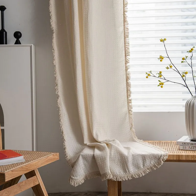 American Solid Color Waffle Curtain with Tassel Window Curtain Semi-shading Drapes for Living Room Bedroom Kitchen Door Drapes 5