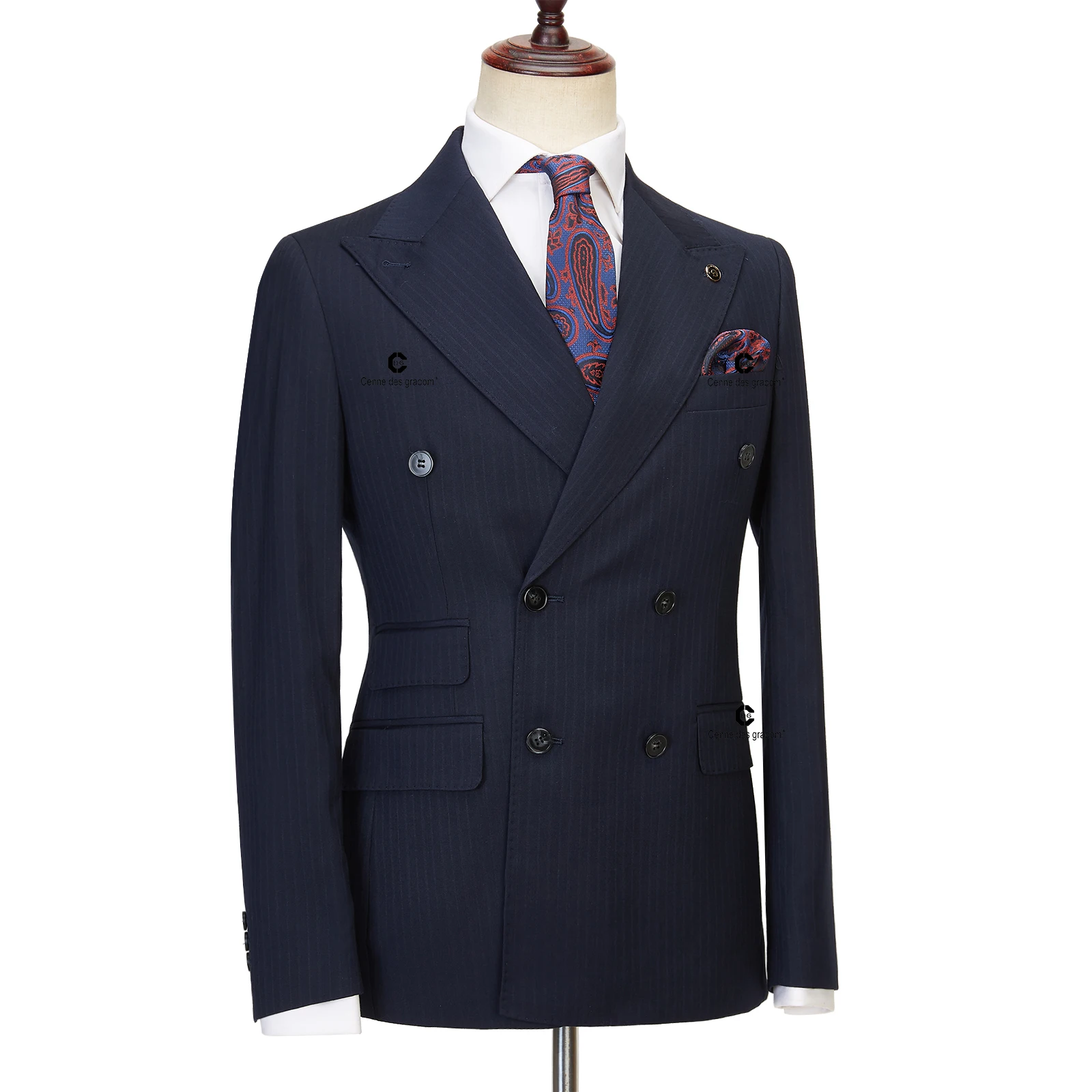 Cenne Des Graoom Double-Breasted Blue Black Stripe Men Suits Tailor-Made 2 Piece Set Jacket Pants Business Meeting Wedding