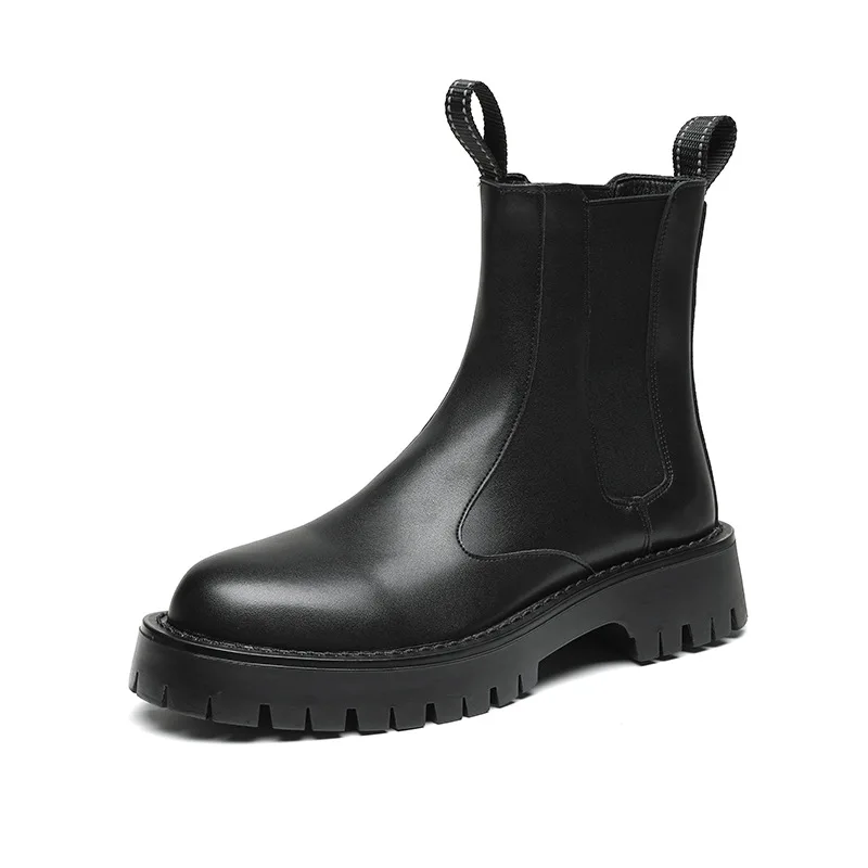 thumbnail image 1 of Botas de hombre estilo Chelsea botines negros trabajo de invierno botines de cuero de caña alta más botas de lana para motocicletas C1175, 1 of 5