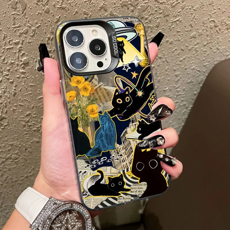 Neue Niedliche Schwarze Katze Grafik-Montage Laser-Handyhülle für iPhone 14 13 12 Mini 11 Pro Max 17 15 16 Pro Max Plus Stoßfeste Schutzhülle – Detail 6