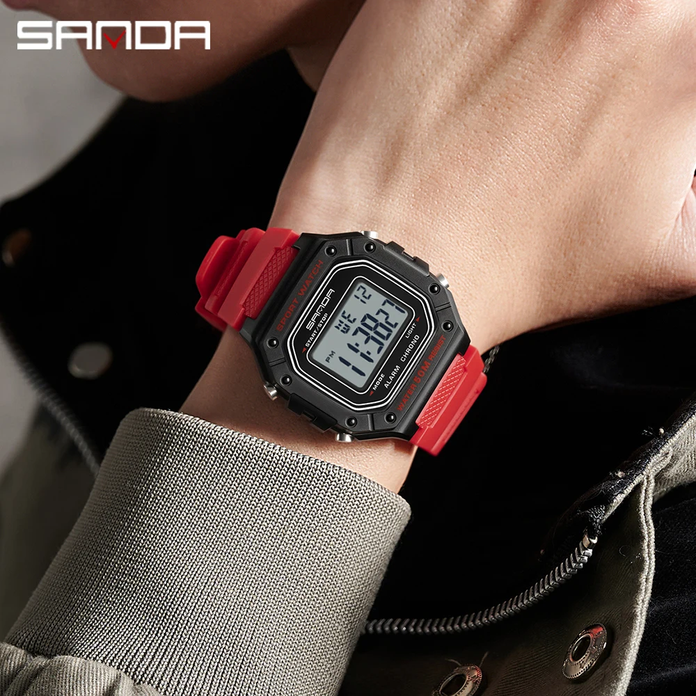 SANDA Fashion Men's Rectangular Waterproof LED Sports Watch