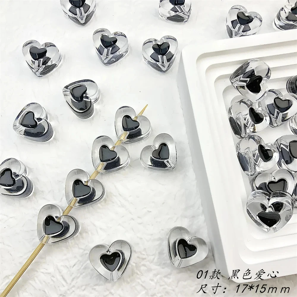 10 Pcs Transparent Black Heart Clothes Acrylic Three-Dimensional Beaded Bracelet Mobile Phone Chain DIY Material Accessories