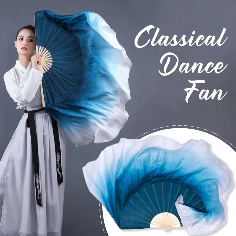 Classical Dance Fan Gradient Ink Blue Silk Double-Sided Extended Veil Folk Classical Dance Hand Fan Yangko Performance silk fan