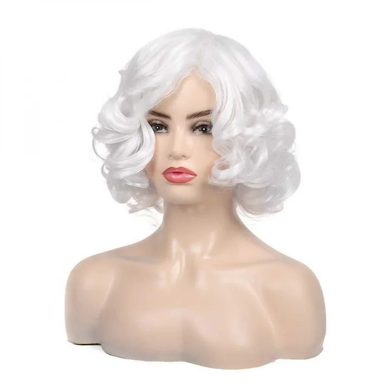 새로운 여성 가발 짧은 흰색 물결 모양의 곱슬 머리 파티 가발 Gril 가발