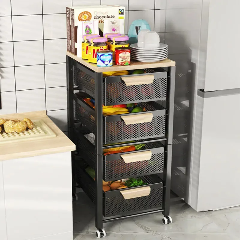 Fruits Vegetables Storage Cart Multifunctional Storage Cabinet Floor Narrow Seam Baskets Pull-out Type Kitchen Furniture