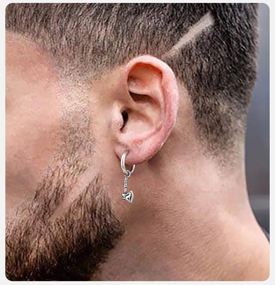 Vnox Wikinger-Axt-Creolen für Herren, Tropfen-Ohrschmuck aus Edelstahl, Retro-Ohrschmuck mit nordischer Mythologie, Blitzschmuck, Geschenk – Detail 4