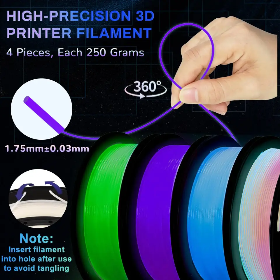 250g Glow in The Dark Filament Multicolor, Green, Blue, Purple and Rainbow, PLA Filament 1.75 mm, 3D Printer Filament Bundle image 4