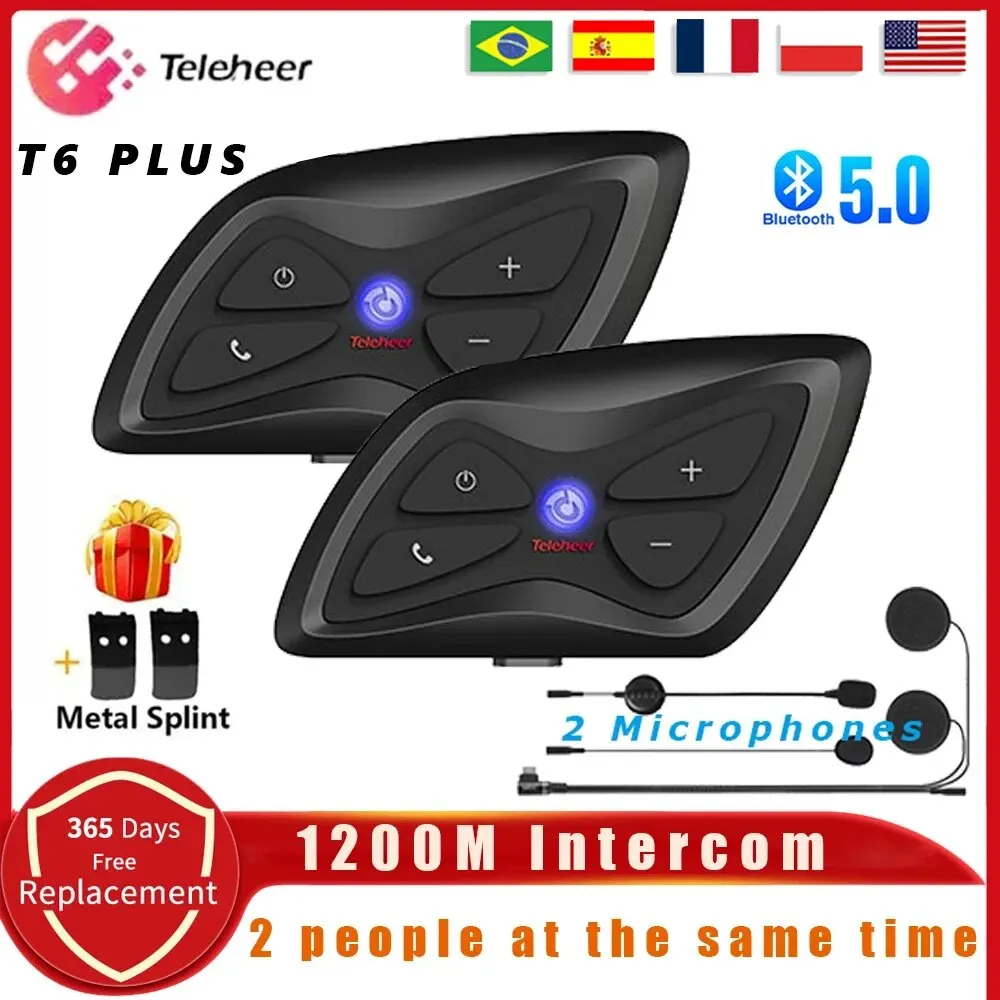Teleheer T6 플러스 오토바이 헬멧, 블루투스 헤드셋, 인터콤 2 라이더, 1500M 인터폰, 음악 플레이어, 방수 인터컴