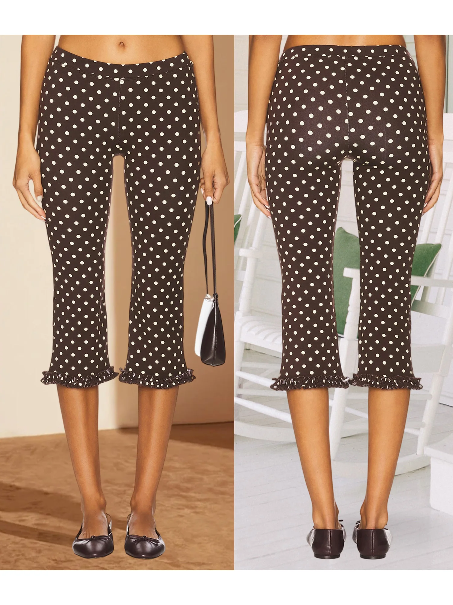 Women Retro Solid/Polka Dot Printed Capris Cute Low Rise Stretchy Cropped Pants Skinny Ruffles Cropped Capri Going Out Leggings