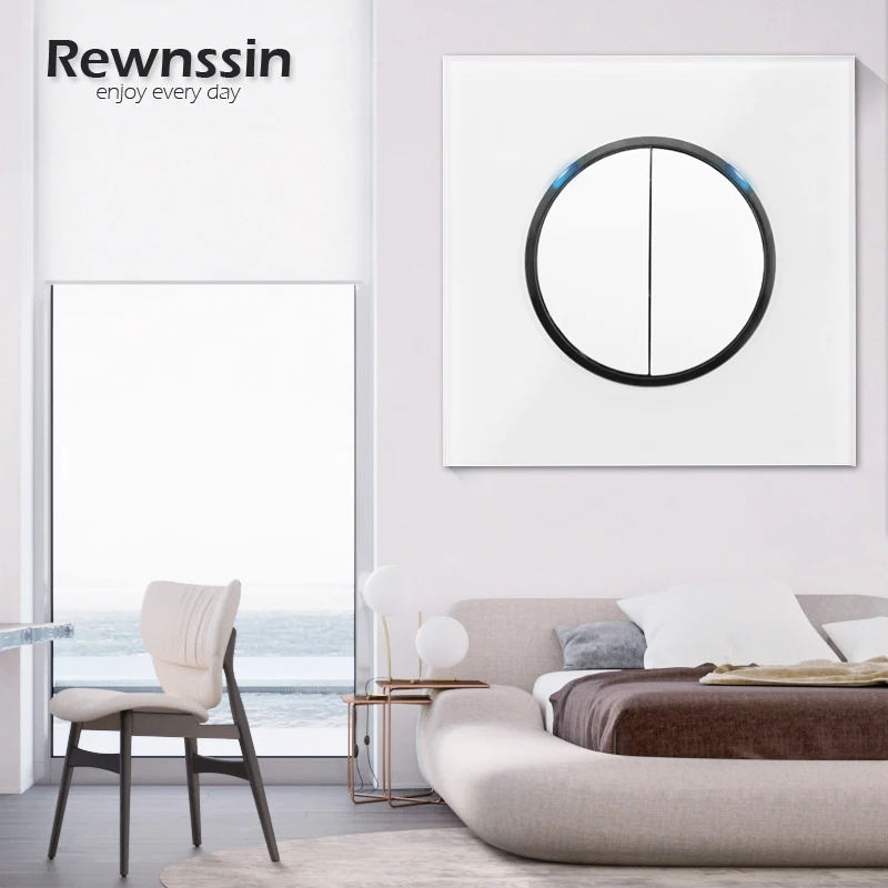 Rewnssin Light Switches and Sockets All Series Glass White Modern Style Random Click Push Button ON OFF EU Outlet Cat5e Socket double light switch