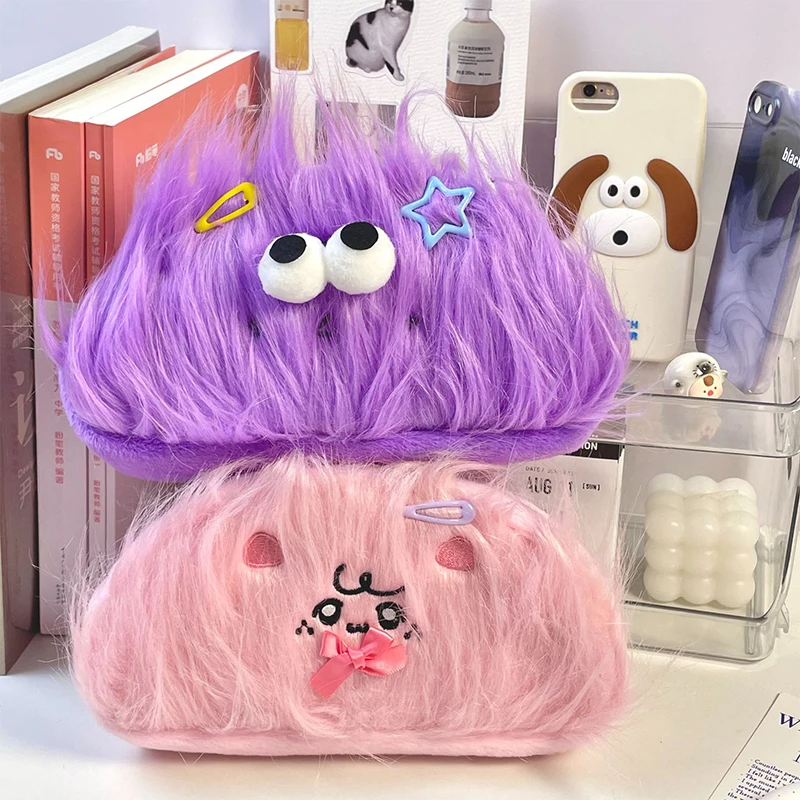 여행 귀여운 봉제 긴 머리 연필 케이스, 화장품 가방, 메이크업 가방, 문구 가방, 연필 파우치, 보관 상자, 학교 사무용품