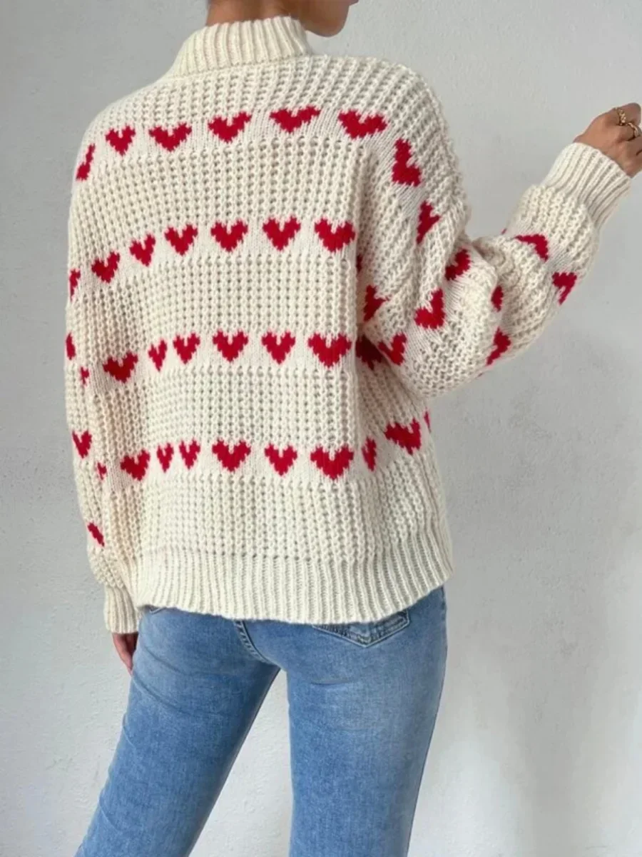 Kintted Sweater Women Heart O-neck Crochet Y2k Top Long Sleeve