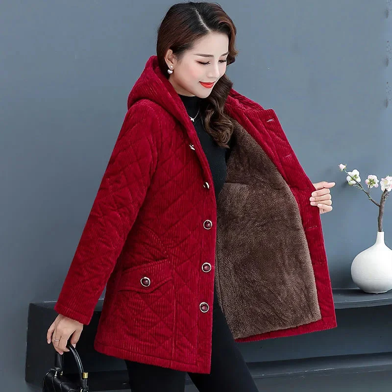 

Women's Winter Jacket Corduroy Cotton Padded Jacket 2023 New Velvet Warm Hooded Female Parkas Middle-aged Women Outwaer Overcoat