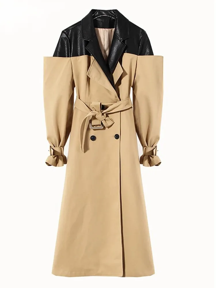 

NICEWOMEN 2023 Autumn And Winter British Style Temperament Leather Contrast Color Windbreaker Women's 2023 Double Breasted AH73