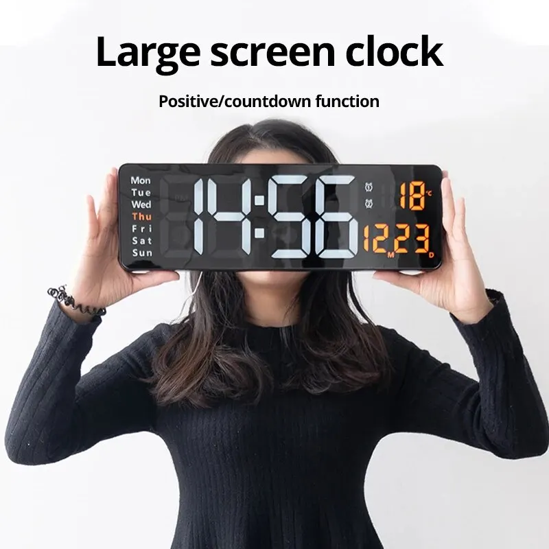 13/16 Inches Large LED Digital Wall Clock ,Wall Mounted Remote Control Temperature Date Week Display Timer Dual Alarm Clock