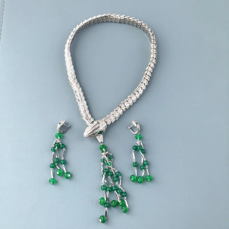 

Designer Collection Necklace Earrings Women Lady Inlay Cubic Zircon Tassel Green Beads Snake Snakelike Dinner Party Jewelry Sets