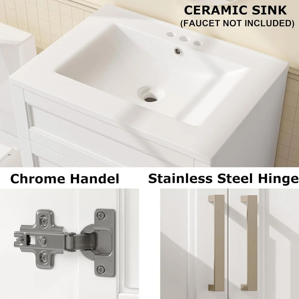 Bathroom Vanity with Sink, 24" White Bathroom Vanity with Ceramic Sink Combo Set,