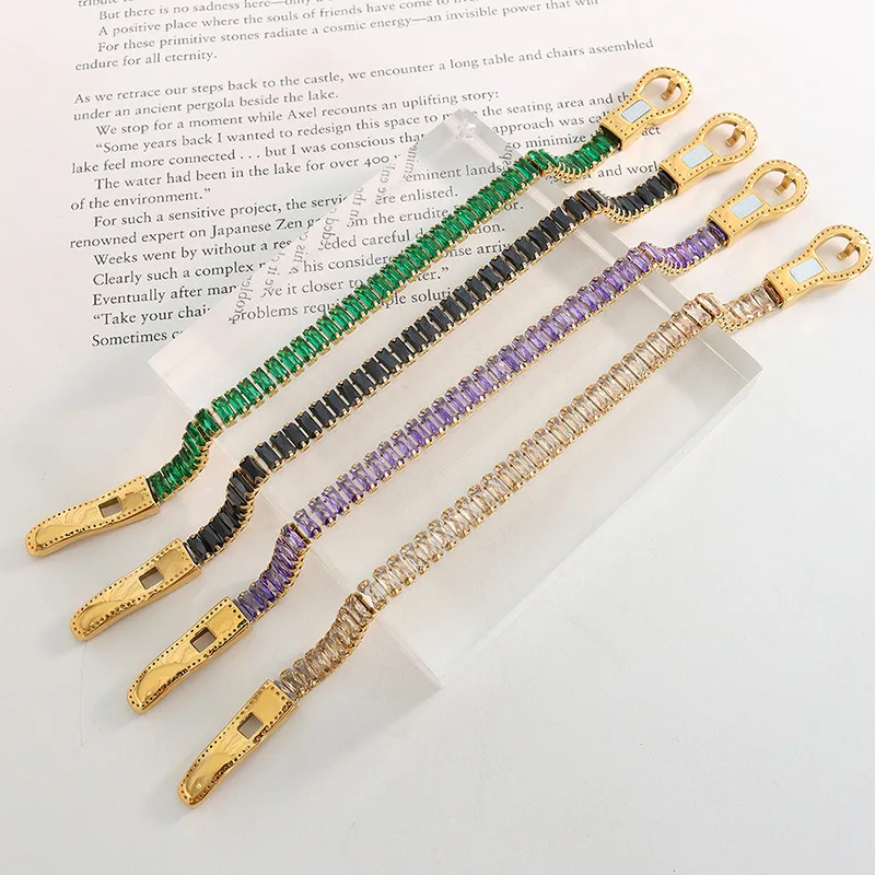 Colorful Zircon Elastic Belt Buckle Bracelet for Women – Trendy Stainless Steel Jewelry Accessory