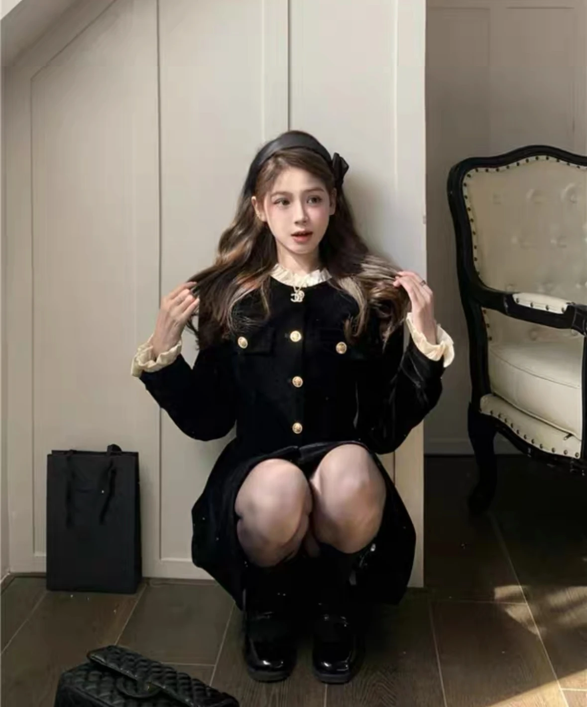 Vestidos de terciopelo negro de otoño para mujer, vestido de fiesta de noche de una sola botonadura de manga larga, moda coreana, vestido de línea A para mujer, nuevo