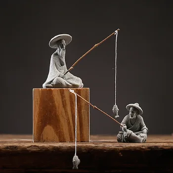 어항 정원 앉아 낚시 사암 빈티지 장식, 수족관 미니 어부 조각상, 아시아 선 장식