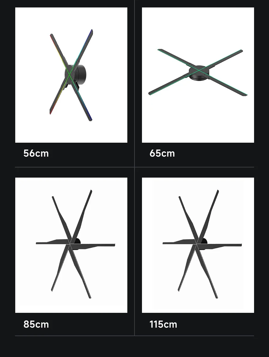 Four 3D Projector Wall Clocks with spinning blades, each featuring a dynamic LED display clock, are displayed in different sizes: 56cm, 65cm, 85cm, and 115cm.