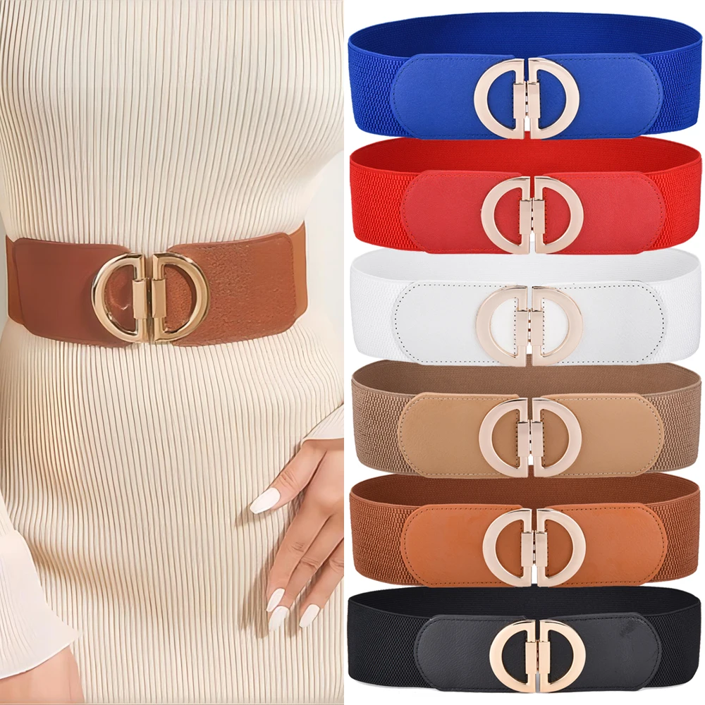 Women Skinny Elastic Belt Ladies Fashion Alloy Buckle Plus Size Stretchy Wide Waist Belt for Dresses