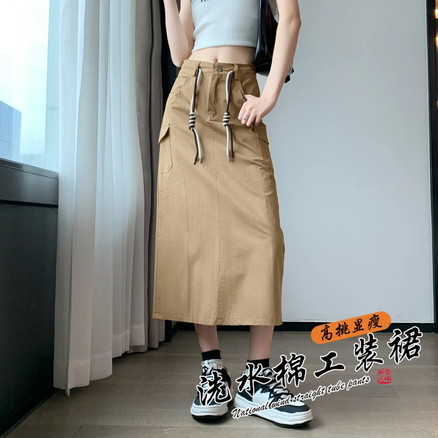 

Coigarsam Women Long Skirt Summer 2024 Safari Style Vintage Casual Solid High Waist Thin Black Khaki Skirts