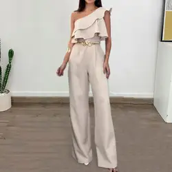 Ol Commute Jumpsuit Elegant One Shoulder Ruffle Jumpsuit For Women Stylish Wide Leg High Waist Solid Color Jumpsuit Chic Slim