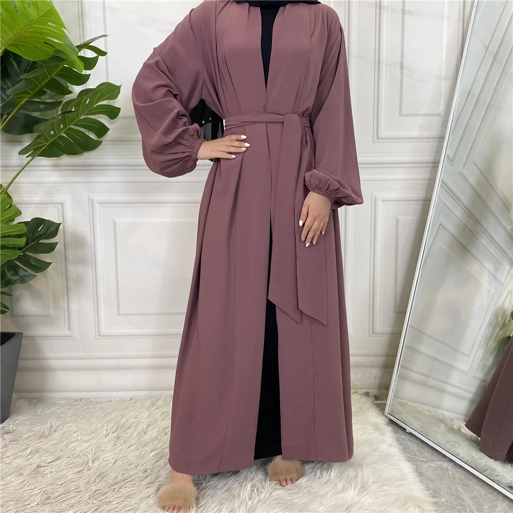 Plain Open Abaya Kimono Turkey Elastic Cuff Belted Abayas for Women Dubai Muslim Hijab Dress Islam Modest Outfits Kaftan Robe