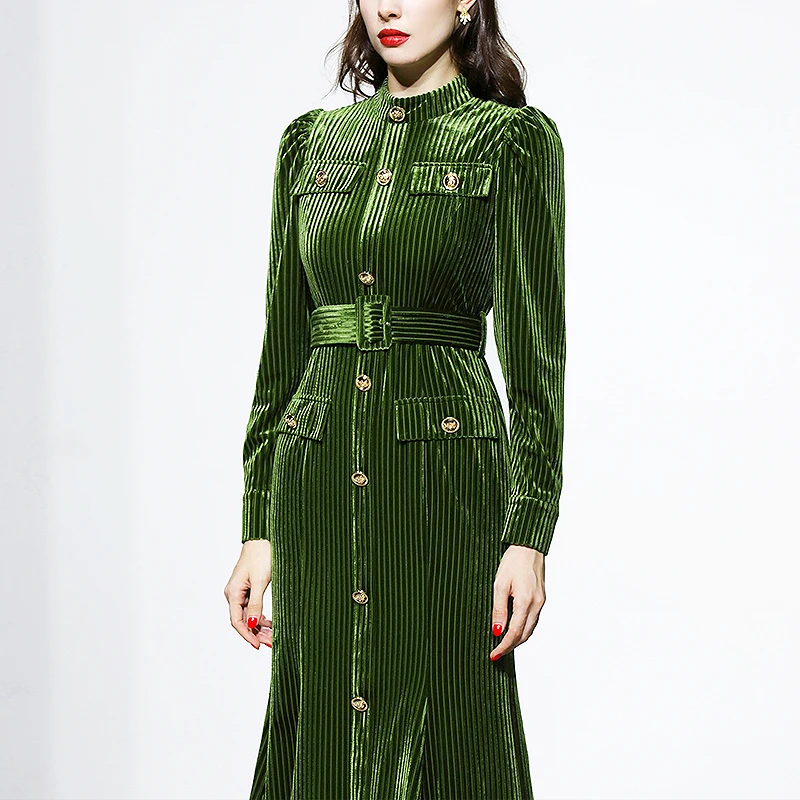 

Retro Luxury Velvet Long Dress With Belt Elegant Ladies Dresses For Women Spring Autumn Women's Dress Woman Clothing SL307