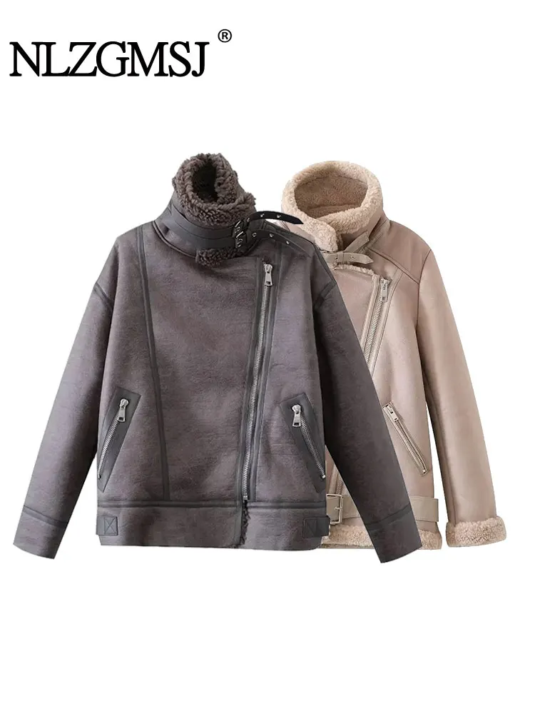 

Nlzgmsj TRAF Autumn Winter Women's Jacket Outwears Stand Collar Long Sleeve Belt Pockets Zipper Female Chic Thermal Coat