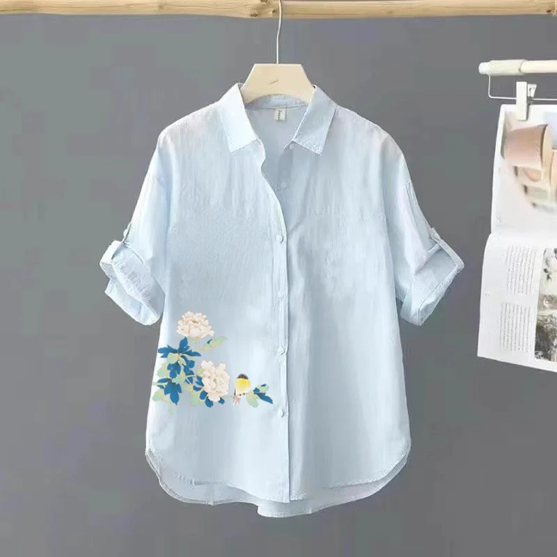 2024 Spring and Summer New Fashion Splicing Buttons Simplicity Print Commuter Versatile Trend Half Sleeve POLO Neck Casual Shirt