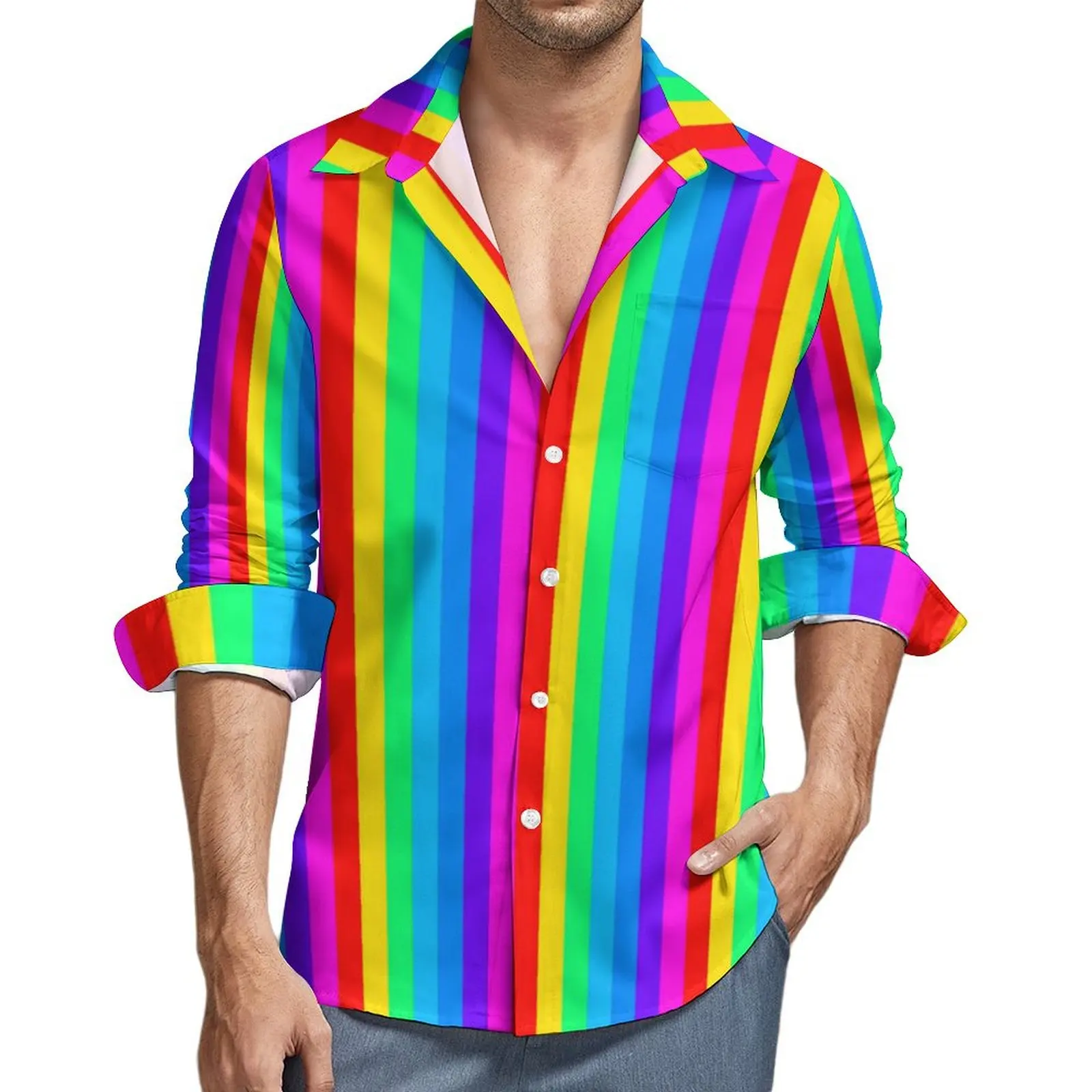 

Rainbow Stripes Casual Shirt Man Colorful Pattern Breathable Shirt Autumn Vintage Blouse Long Sleeve Printed Oversized Clothing