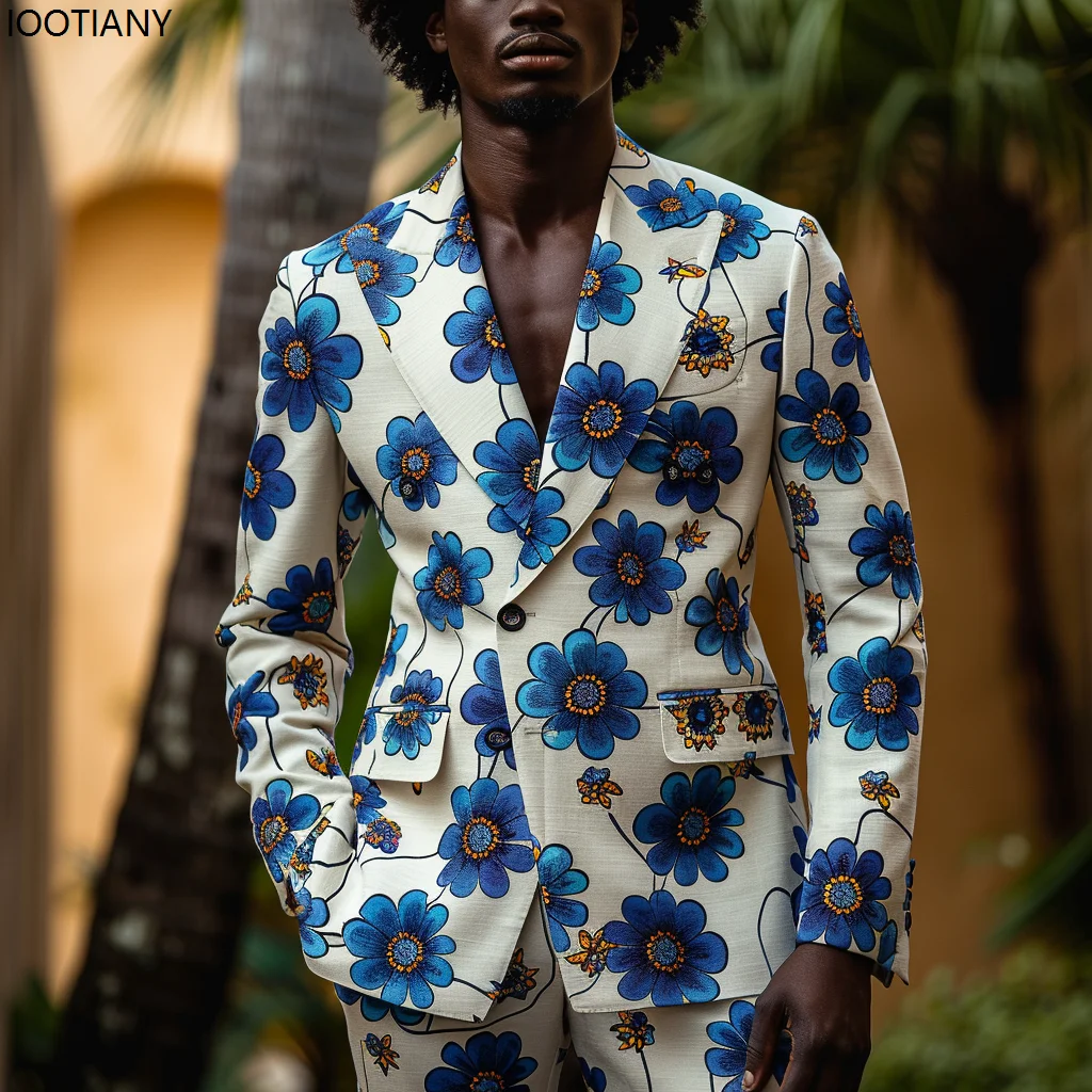 Men Colorful Flower Print Tailored Suit Casual Vintage Sunflower Daisy Floral Blazer Pant Party Dress Shiny Cool Showing Suits