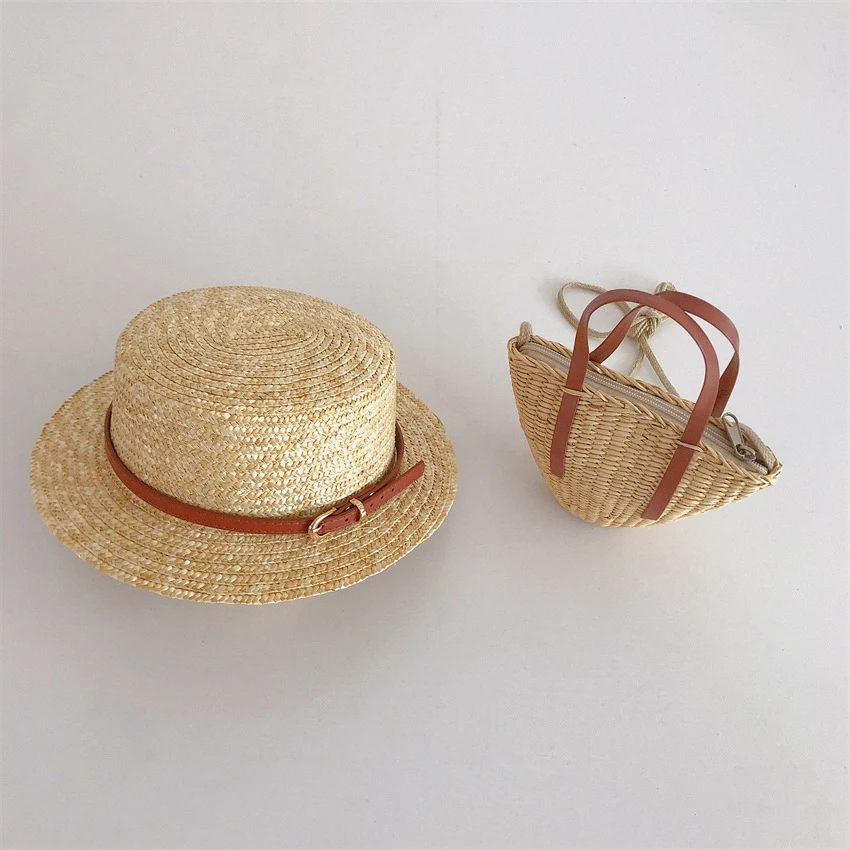 Chic Style Children's Wheat Straw Sunhat Handbag Leather Rope Flat Top Sunscreen Straw Bags Summer Holiday Beach Hat Bags 3