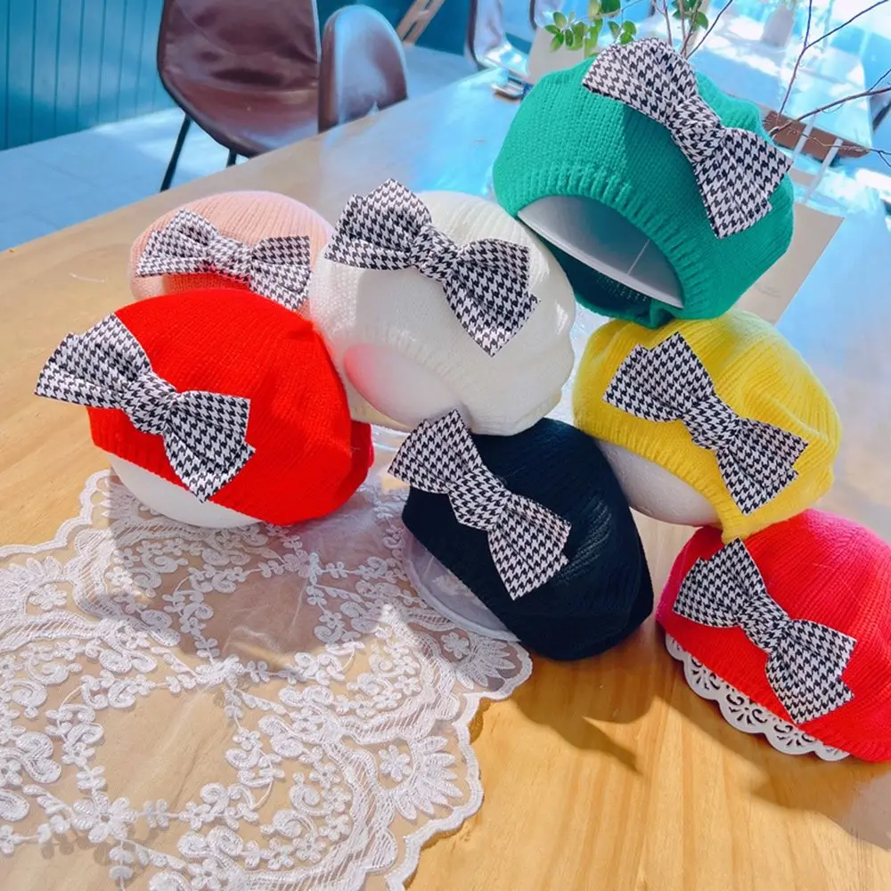 Description Picture 3 of itemBaby Kid Korean Style Hat Knit Hat Woolen Houndstooth Warm Hat Bow Children's Gloves Children's Caps Girl Beret
