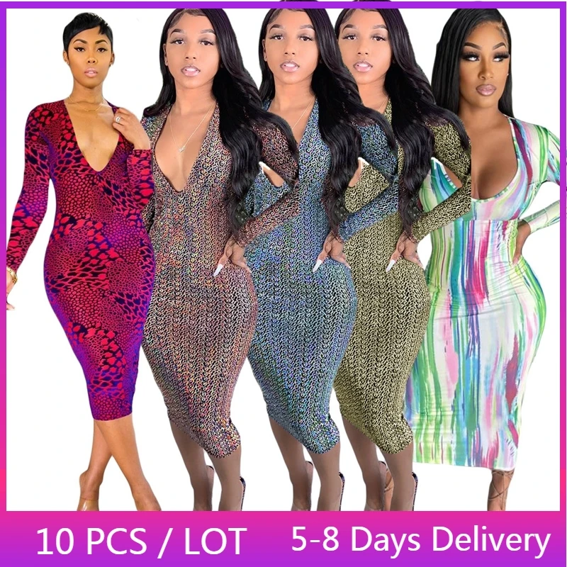 

Wholesale Items Snake Print Party Dresses for Women 2022 Fall Clothes Deep V Neck Bodycon Dress Women Sheath Long Sleeve Dress