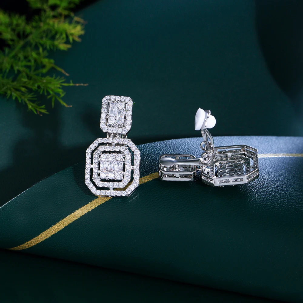 CWWZircons No Ear Hole Design Square Drop Dangle CZ Women Party Wedding Engagement Clip on Earrings Without Piercing CZ903 3