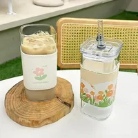 Tasse carrée en verre à café résistante à la chaleur, avec couvercle et paille, transparente, pour thé au lait, jus, tasse à café pour la maison, Bar, verres, 1 pièces 5