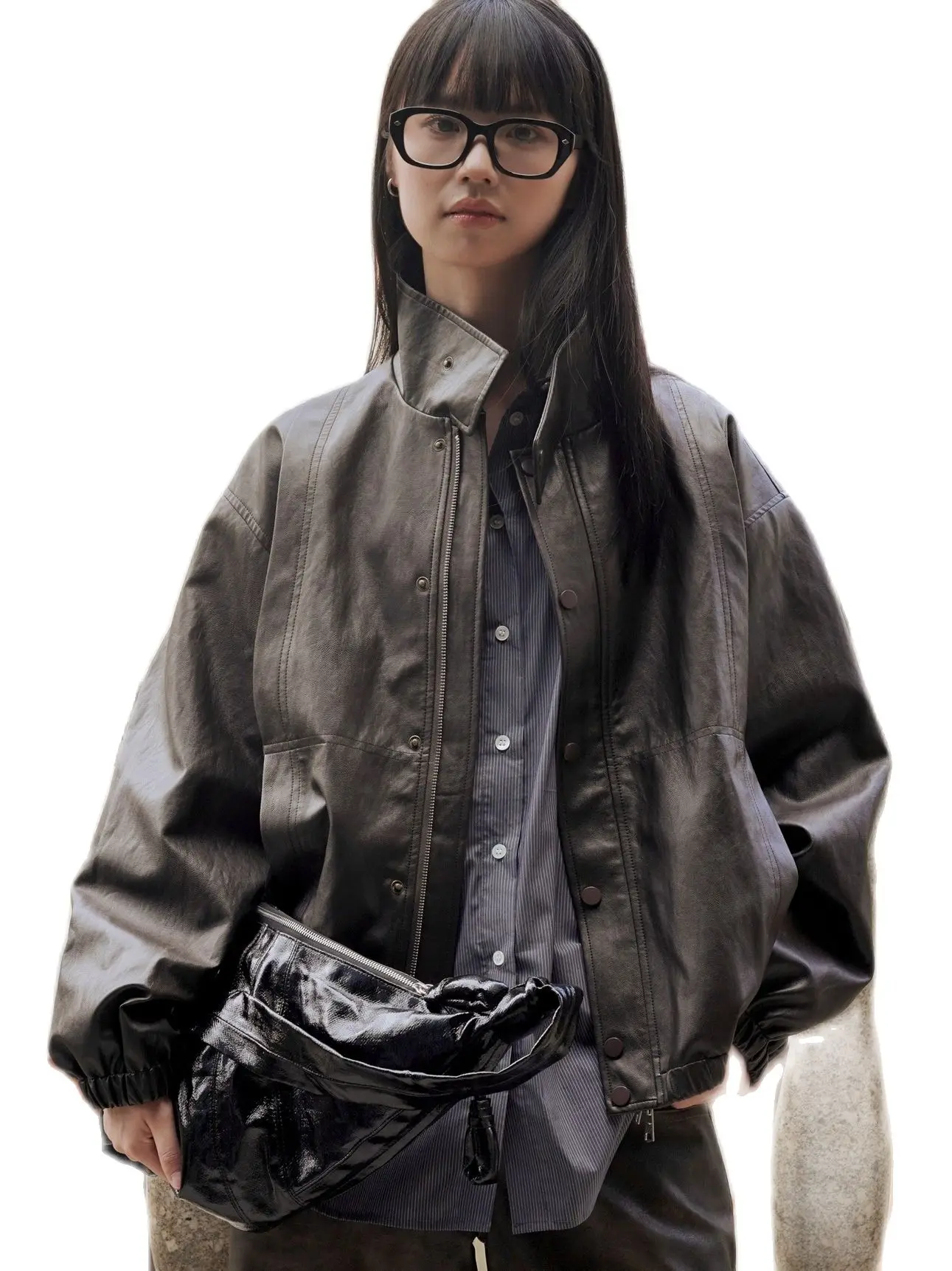 Женская демисезонная куртка из ПУ кожи, свободный силуэт, воротник стойка, модное кожаное пальто для женщин, новинка 2023