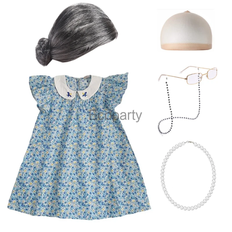 

Бабушка старая леди косплей костюм для детей бабушка Цветочное платье с париком очки ожерелье комплект для детей