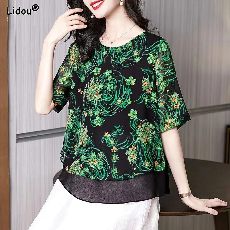 Thin Summer Loose Fake Two Pieces Women's Clothing Casual Elbow Sleeve Blouses Round Neck Printing Elegant Fashion Spring Korean