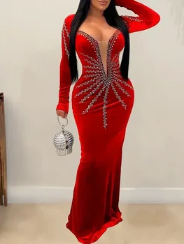 2025 Elegant Diamonds Velvet Long Party Dress for Women Sexy Deep V Evening Gown Formal Black Slim Dress Robe 1