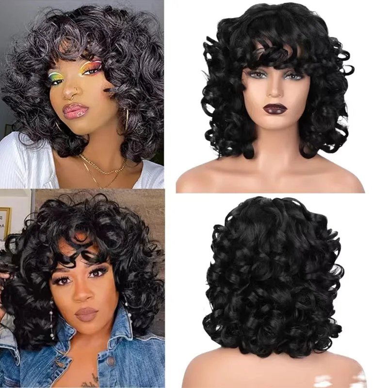 

Short Bouncy Loose Curly Wigs with Bangs Synthetic Black Daily Hair Wig for women Natural Big Bouncy Fluffy Curly Bob Wigs