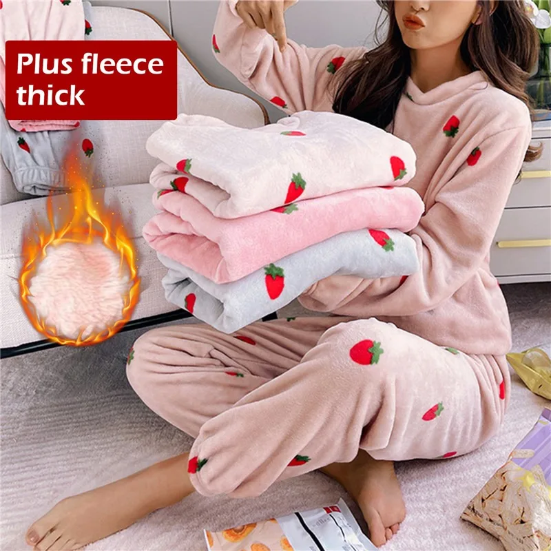 

Fleece Women Pajamas Set Winter Sleepwear Solid Velvet 2 Piece Pant Home Suit Fluffy Casual Piiama Warm O-neck Night Wear