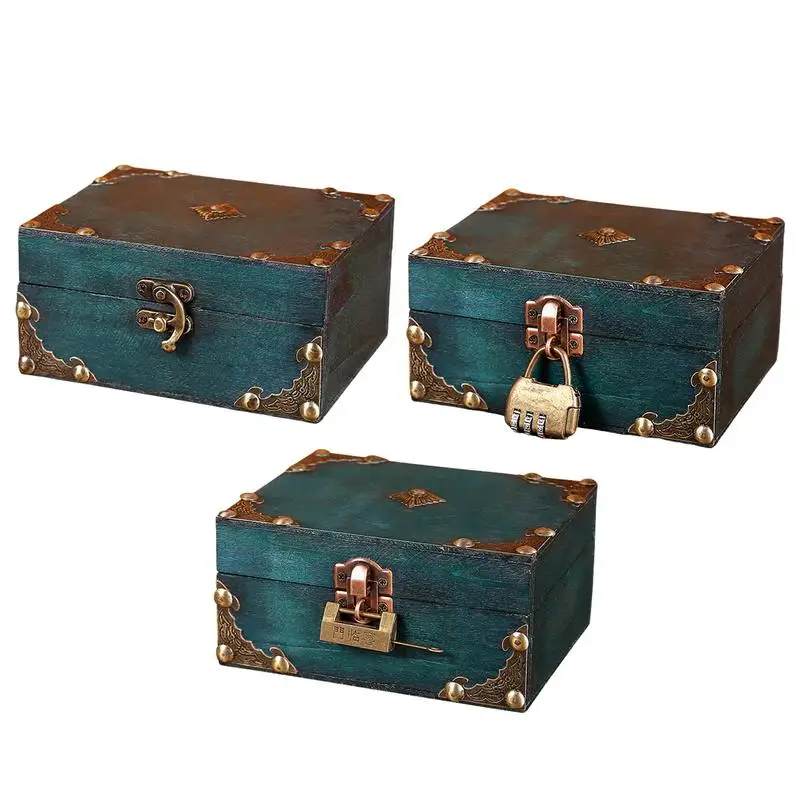 

Wooden Jewelry Storage Box With Copper Locks Treasure Box Vintage Trinket Container Decorative Home Storage Keepsake Organizer