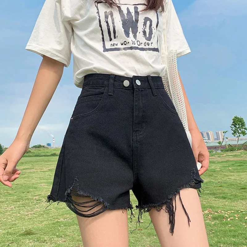 

Female Fashion Casual Summer Cool Women Denim Booty Black Shorts High Waists Fur-lined Leg-openings Plus Size Sexy Short Jeans