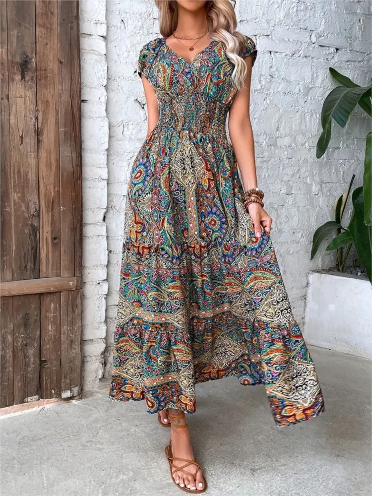 Women Vintage Print Long Dress 2023 Summer Sexy V Neck Short Sleeve A-line Dress Female Elegant Elastic Waist Maxi Dresess Robe