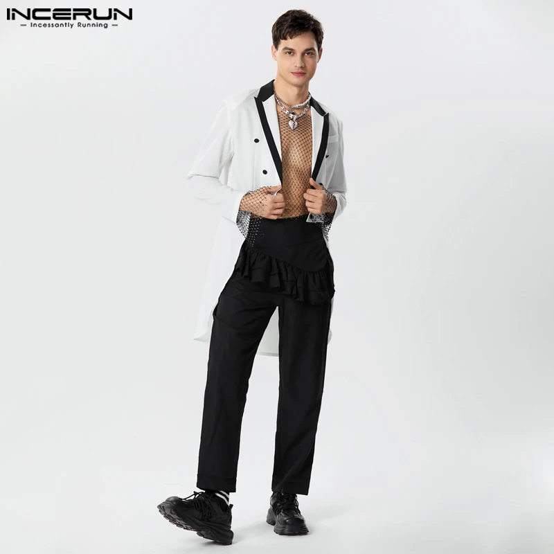 

INCERUN Tops 2023 Handsome New Men's Short Front Long Back Design Blazer Stylish Male Contrast Color Patchwork Suit Coats S-5XL